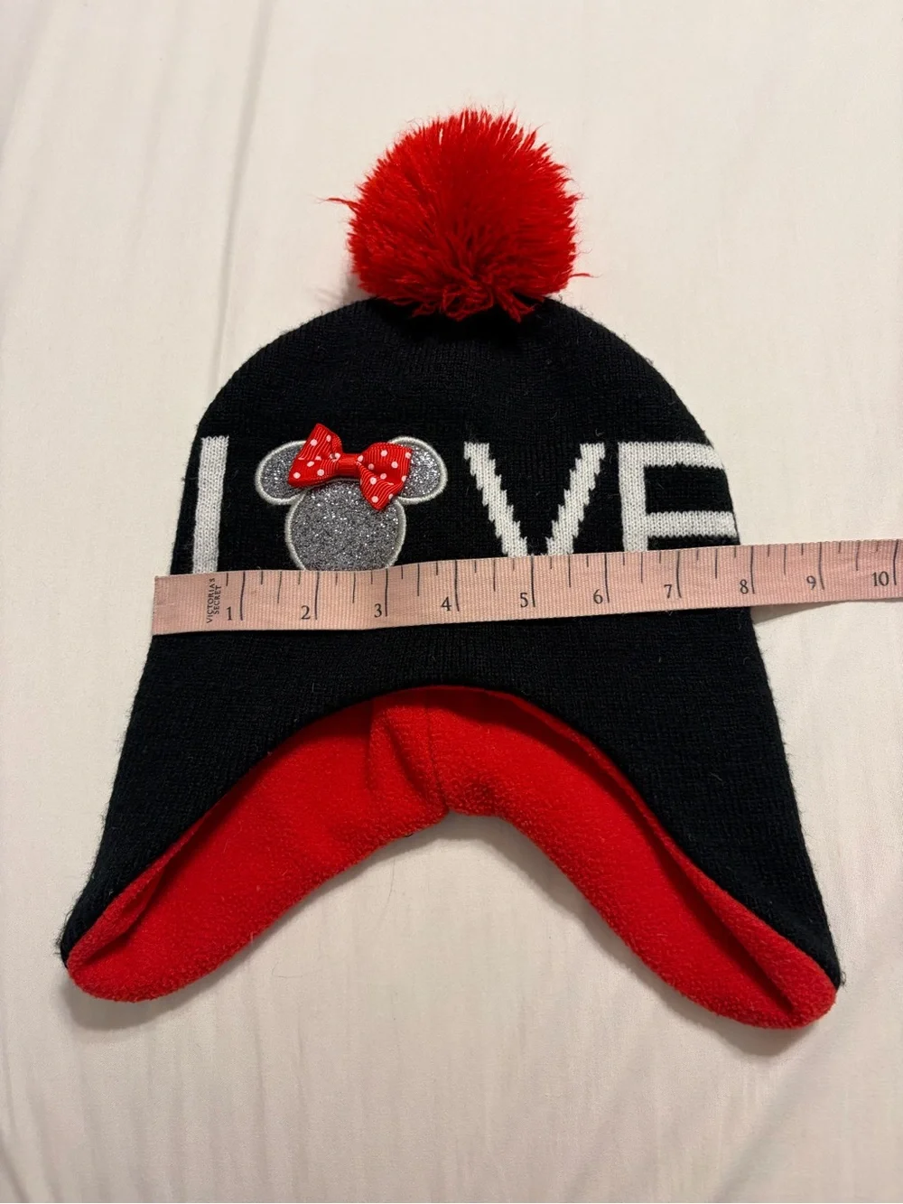 Disney Minnie Mouse LOVE Sparkle Pom Pom Fleece Lined Earflap Hat